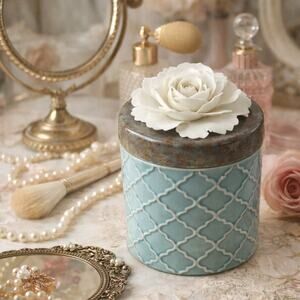 Hallmark Heritage Rose Trinket Jar Blue Ceramic Vanity Container Retro Y2K Décor